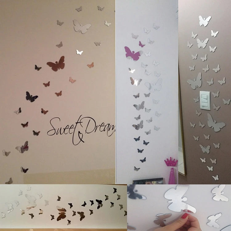 25Pcs/lot Mirror Butterfly Living Room Decoration Art Decal DIY Fashion Acrylic Decorative Wall Sticker for Home Decoration G